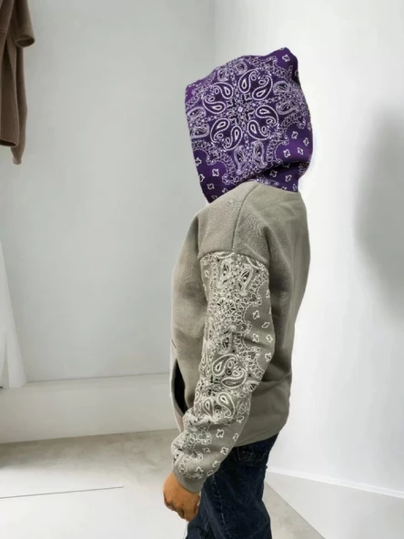 Kadın Baskılı Kapüşonlu Sweatshirt - Gri - Resim 3