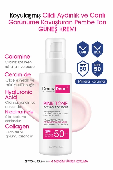 Dermaderm +50 SPF Pink Tone Aydınlatıcı Ton Eşitleyici Yüz Bakım ve Güneş Kremi 100 ml. - 2