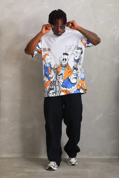 Unisex Oversize Baskılı Bisiklet Yaka T-Shirt - Beyaz - Resim 3