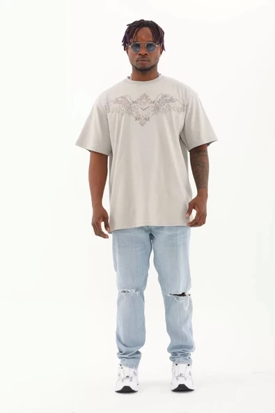 Unisex Oversize Taşlı Bisiklet Yaka T-Shirt - Gri - Resim 5