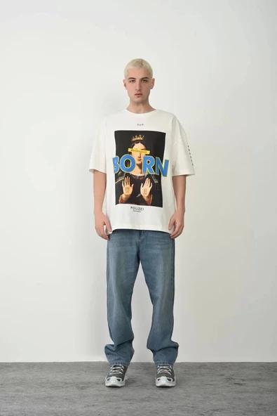 Unisex Baskılı Bisiklet Yaka Oversize T-Shirt - Beyaz - 3