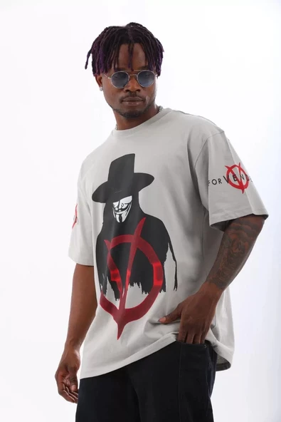 Unisex Oversize Baskılı Bisiklet Yaka T-Shirt - Gri - Resim 3