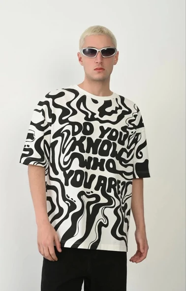 Unisex Baskılı Bisiklet Yaka Oversize T-Shirt - Beyaz - Resim 4