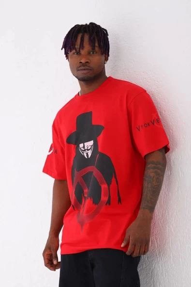 Unisex Oversize Baskılı Bisiklet Yaka T-Shirt - Kırmızı - 2