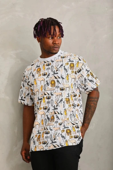 Unisex Oversize Baskılı Bisiklet Yaka T-Shirt - Beyaz ürün görseli