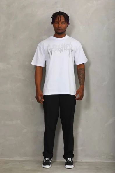 Unisex Oversize Taşlı Bisiklet Yaka T-Shirt - Beyaz - Resim 5