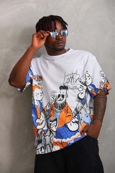 Unisex Oversize Baskılı Bisiklet Yaka T-Shirt - Beyaz - Resim 6