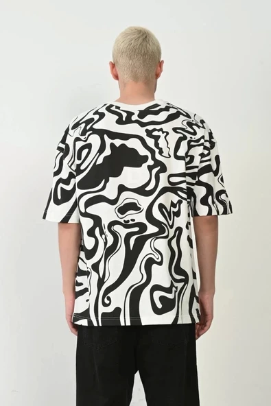 Unisex Baskılı Bisiklet Yaka Oversize T-Shirt - Beyaz - Resim 3