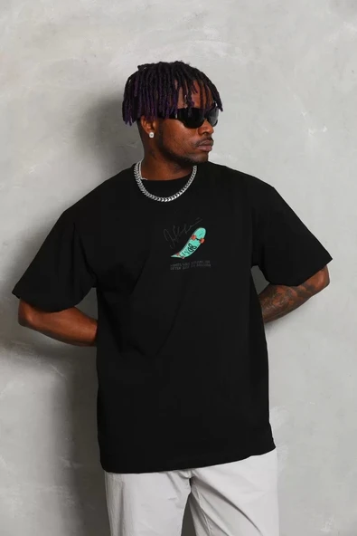 Unisex Oversize Baskılı Bisiklet Yaka T-Shirt - Siyah ürün görseli 1