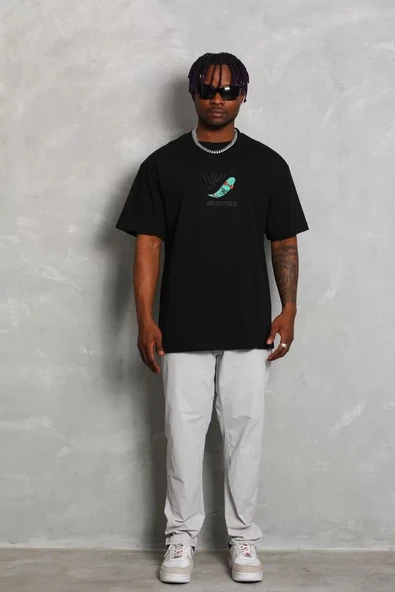 Unisex Oversize Baskılı Bisiklet Yaka T-Shirt - Siyah - Resim 3