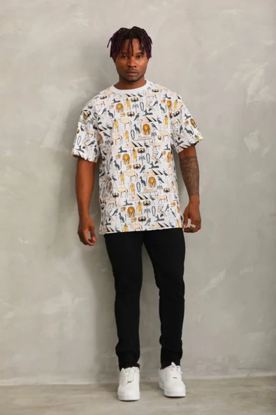 Unisex Oversize Baskılı Bisiklet Yaka T-Shirt - Beyaz - Resim 3