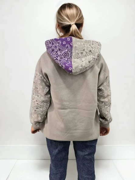 Kadın Baskılı Kapüşonlu Sweatshirt - Gri - Resim 5