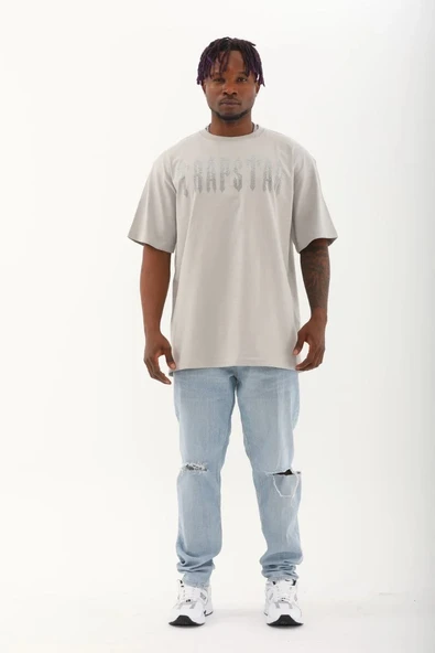 Unisex Oversize Taşlı Bisiklet Yaka T-Shirt - Gri - Resim 5