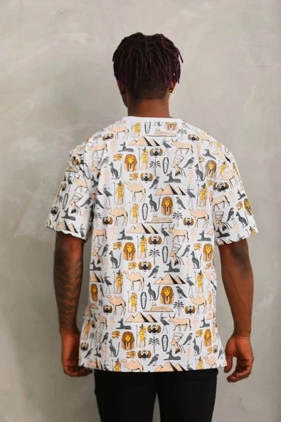 Unisex Oversize Baskılı Bisiklet Yaka T-Shirt - Beyaz - Resim 2