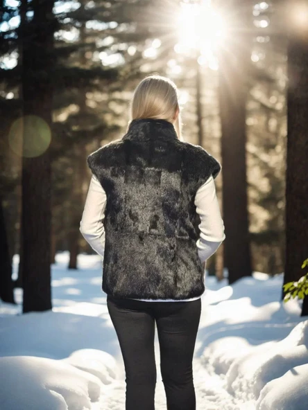 Kadın Kolsuz Hakiki Kürk - Siyah - 2