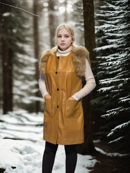 Kadın Kolsuz Hakiki Deri Kürk - Hardal ürün görseli 1