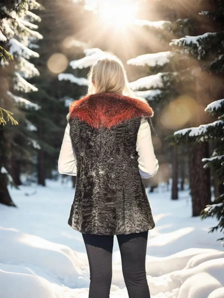 Kadın Kolsuz Hakiki Kürk - Siyah - 2