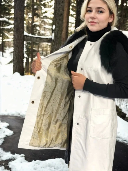 Kadın Kolsuz Hakiki Deri Kürk - Beyaz - Resim 2