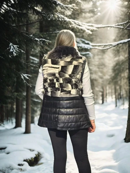 Kadın Kolsuz Hakiki Deri Kürk - Siyah - 2