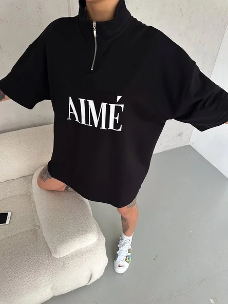 Unisex Yarım Fermuarlı Baskılı T-Shirt - Siyah - Resim 2