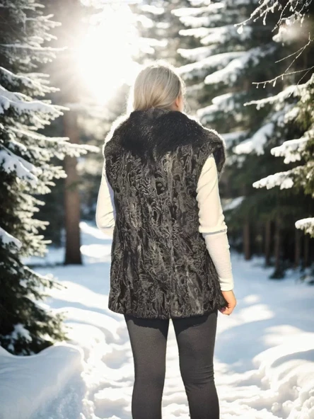 Kadın Kolsuz Hakiki Kürk - Siyah - Resim 2