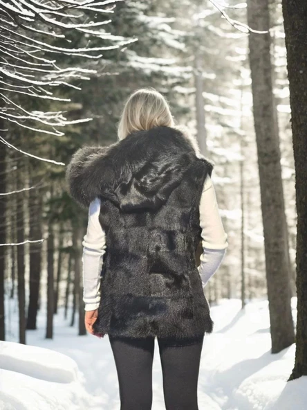 Kadın Kolsuz Kapüşonlu Yelek - Siyah - 2