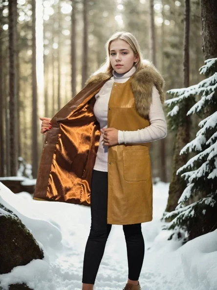 Kadın Kolsuz Hakiki Deri Kürk - Hardal - Resim 5