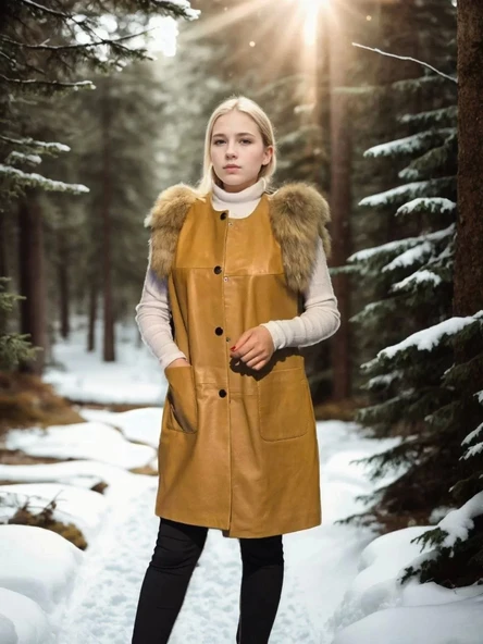 Kadın Kolsuz Hakiki Deri Kürk - Hardal - 4