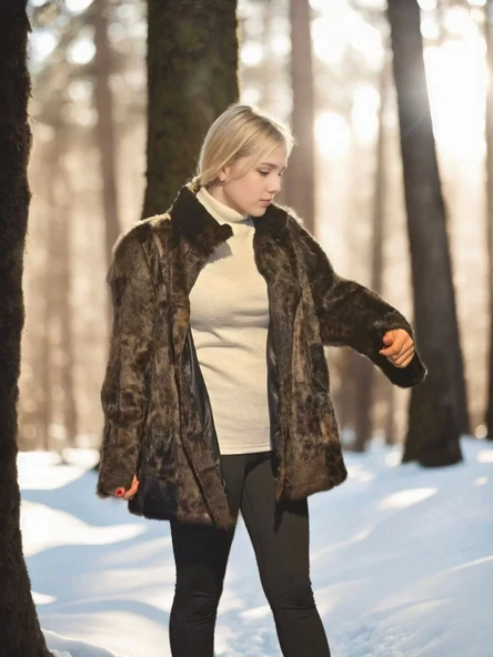 Kadın Uzun Kollu Deri Ceket - Leopar - 3