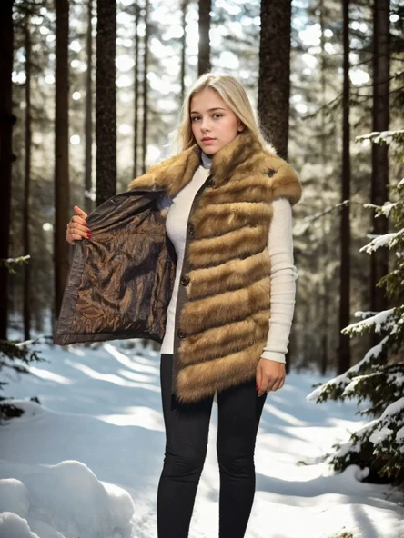 Kadın Kolsuz Hakiki Kürk - Kahve - 3