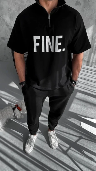 Unisex Baskılı Yarım Fermuarlı T-Shirt - Siyah - Resim 3