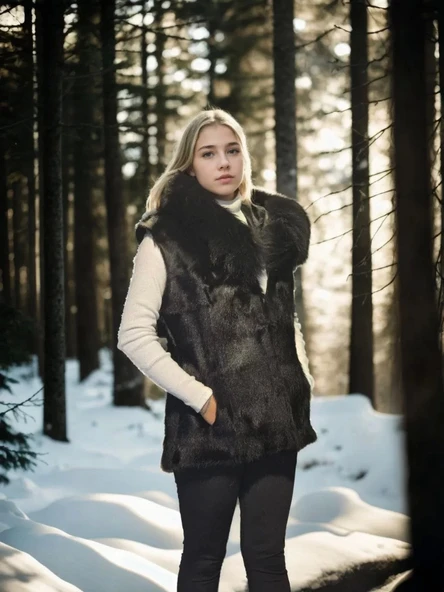 Kadın Kolsuz Kapüşonlu Yelek - Siyah - 5