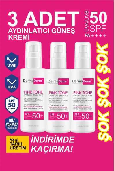 Dermaderm 3 Adet +50 SPF Pink Tone Aydınlatıcı Ton Eşitleyici Yüz Bakım ve Güneş Kremi 3 x 100 ml.