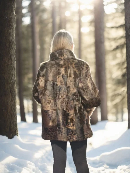 Kadın Uzun Kollu Deri Ceket - Leopar - 2