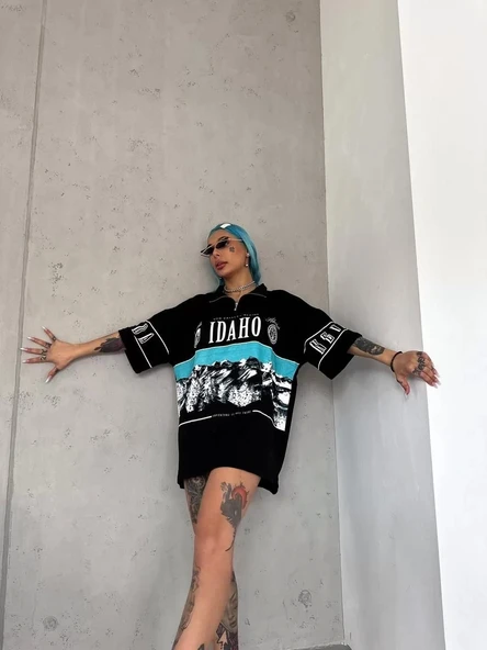 Unisex Baskılı Yarım Fermuarlı T-Shirt - Siyah - Resim 4