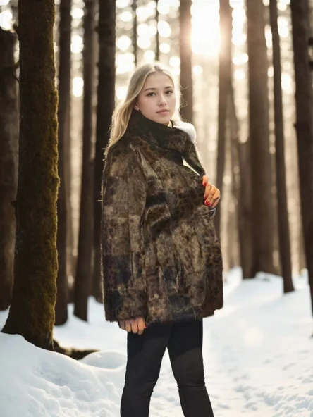 Kadın Uzun Kollu Deri Ceket - Leopar - 5