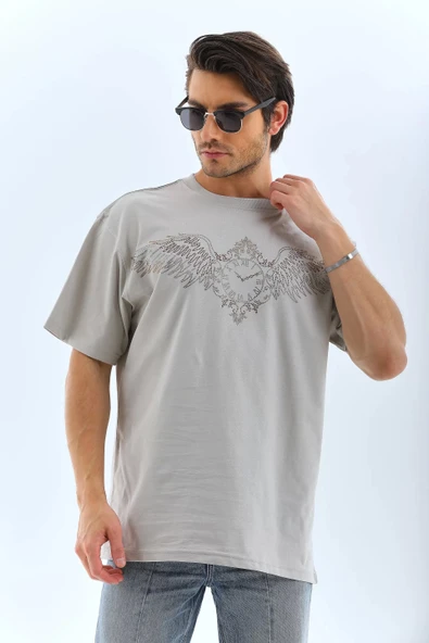 Unisex Oversize Taşlı Bisiklet Yaka T-Shirt - Gri - Resim 7