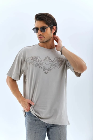 Unisex Oversize Taşlı Bisiklet Yaka T-Shirt - Gri - Resim 3