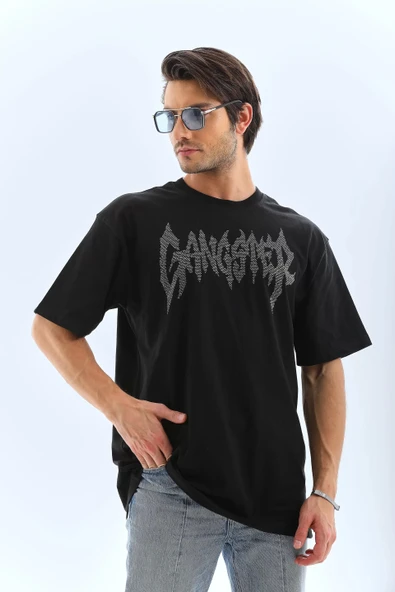 Unisex Oversize Taşlı Bisiklet Yaka T-Shirt - Siyah - Resim 6