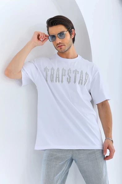 Unisex Oversize Taşlı Bisiklet Yaka T-Shirt - Beyaz - Resim 7