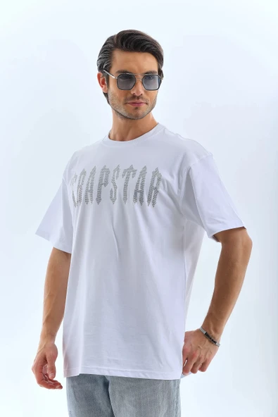 Unisex Oversize Taşlı Bisiklet Yaka T-Shirt - Beyaz - Resim 5