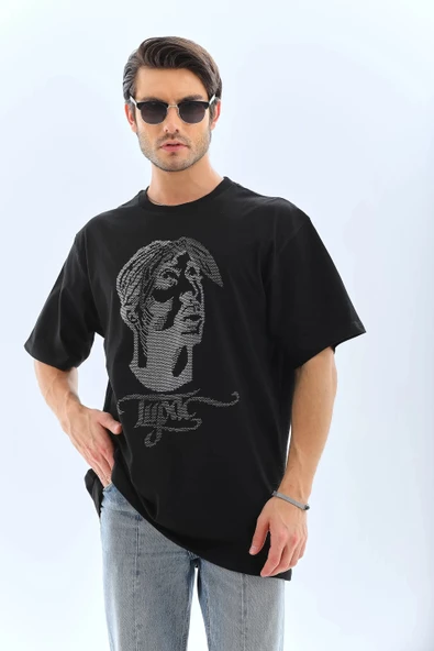 Unisex Oversize Taşlı Bisiklet Yaka T-Shirt - Siyah - Resim 6