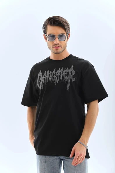 Unisex Oversize Taşlı Bisiklet Yaka T-Shirt - Siyah - Resim 5