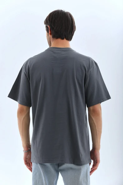 Unisex Oversize Taşlı Bisiklet Yaka T-Shirt - Füme - Resim 2