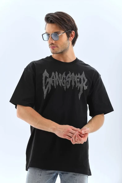 Unisex Oversize Taşlı Bisiklet Yaka T-Shirt - Siyah - Resim 7