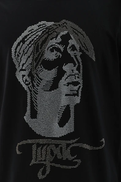 Unisex Oversize Taşlı Bisiklet Yaka T-Shirt - Siyah - Resim 3