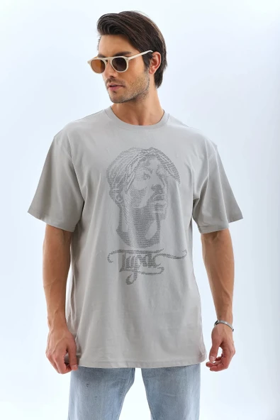 Unisex Oversize Taşlı Bisiklet Yaka T-Shirt - Gri - 8