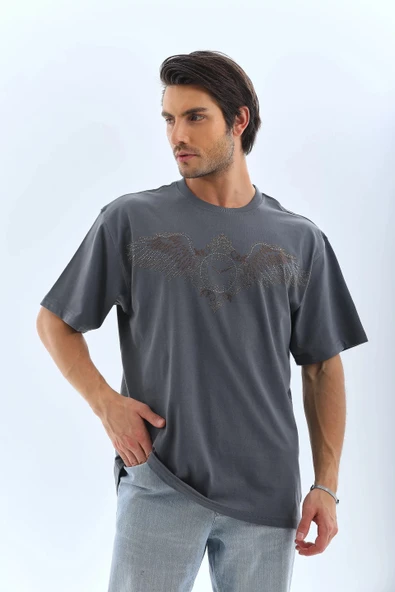 Unisex Oversize Taşlı Bisiklet Yaka T-Shirt - Füme - Resim 6