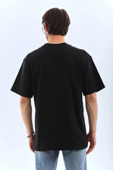 Unisex Oversize Taşlı Bisiklet Yaka T-Shirt - Siyah - Resim 2