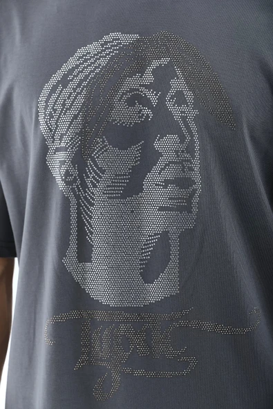 Unisex Oversize Taşlı Bisiklet Yaka T-Shirt - Füme - Resim 3